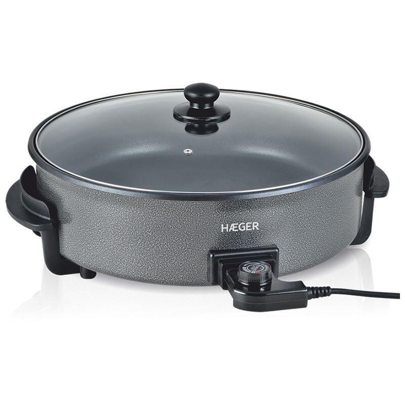 Paellera Eléctrica Haeger Gourmet 42 1500w 42*7cm Anti-Adherente Tapa Vidrio Con Respirador 5 Niveles Temperatura Base Estable