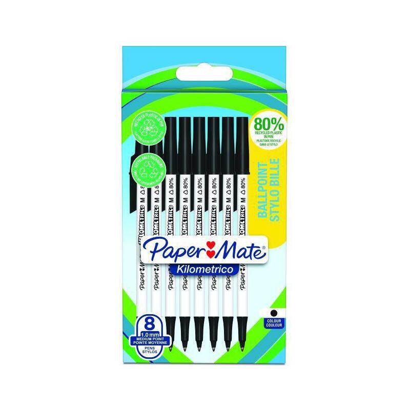 Paper Mate 2187678 Kilometrico Recycled Black Ball Pen Pack Of 8 Pens