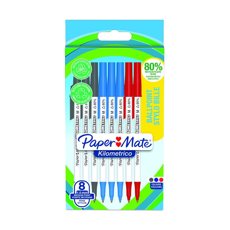 Paper Mate 2187680 Kilometrico Recycled Assorted Ball Pen Pack Of 8 Pens