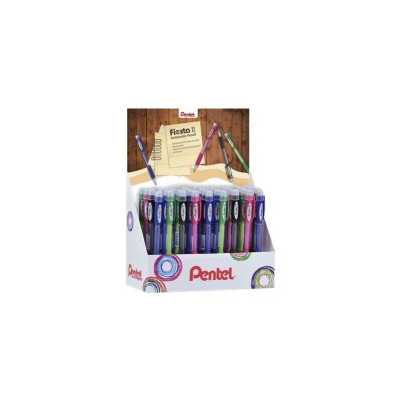 Pentel Fiesta Ii Expositor De 36 Portaminas Hb 0.5mm Con Goma - Incluye 2 Recargas - Grip De Goma - Diseño Ergonomico -