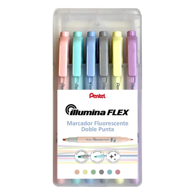 Pentel Illumina Flex Pack De 6 Marcadores Fluorescentes Doble Punta - Biselada Trazo Entre 1.5 A 3.5mm - Conica Trazo
