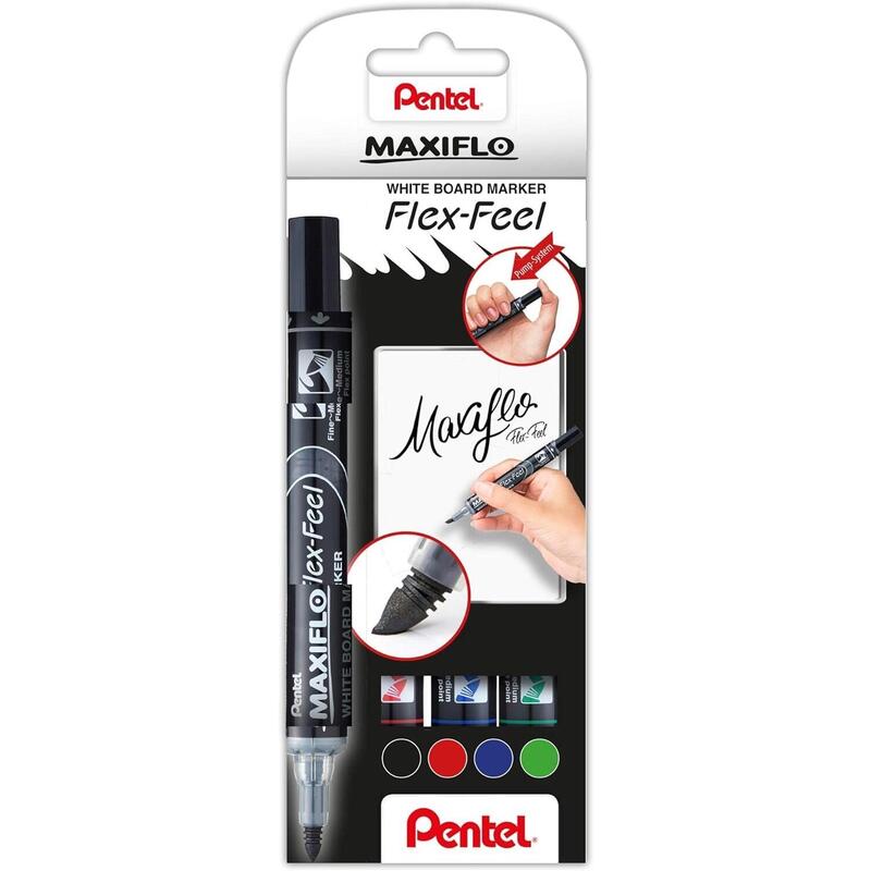 Pentel Maxiflo Flex-Feel Pack De 4 Rotuladores Para Pizarra Blanca - Punta Flexible 4.6mm - Dosificacion De Tinta