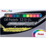 Pentel Oil Pastels Pack De 12 Pasteles Oleo - 6 Metalicos Y 6 Fluorescentes - Blandos, Cremosos Y De Secado Lento -