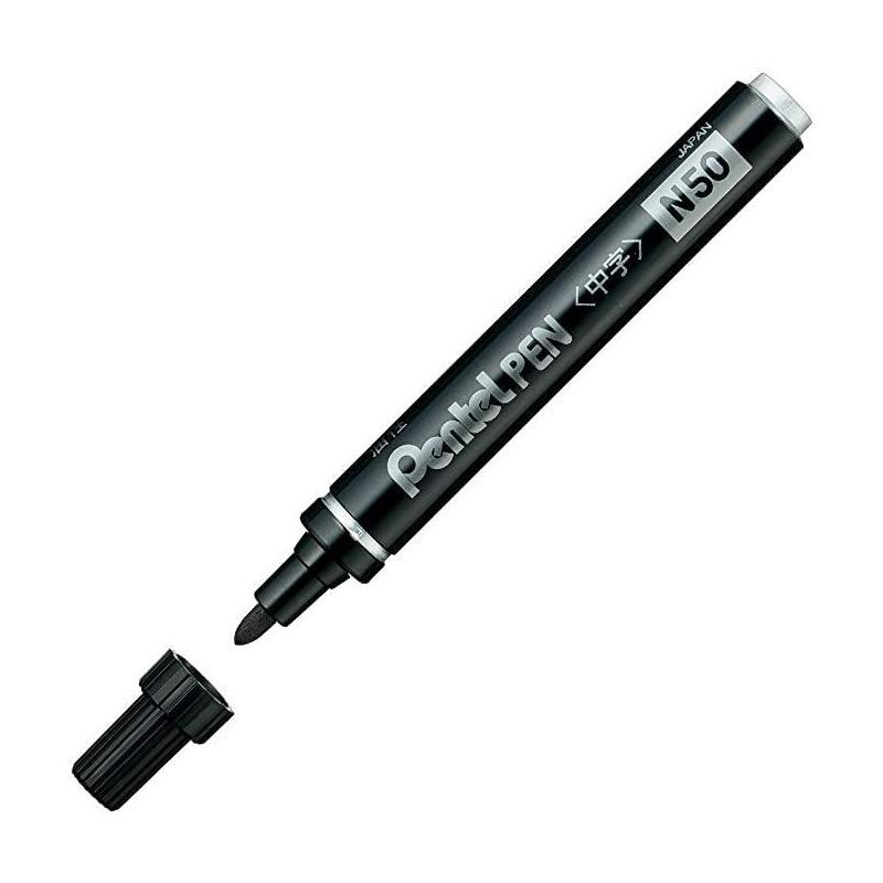 Pentel Pen N50-Ae Marcador Permanente Cuerpo Aluminio Negro Y Punta Media Conica -12u-
