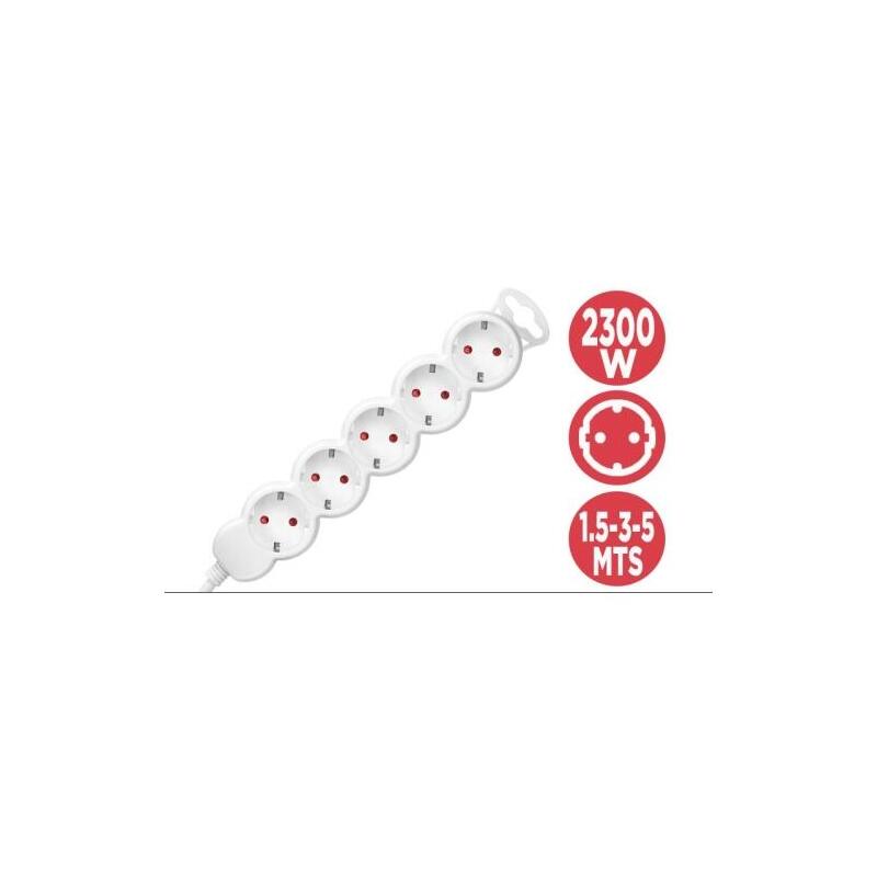 Phasak Regleta 5 Tomas Schuko Sin Interruptor Blanca Cable 1,5 Metros