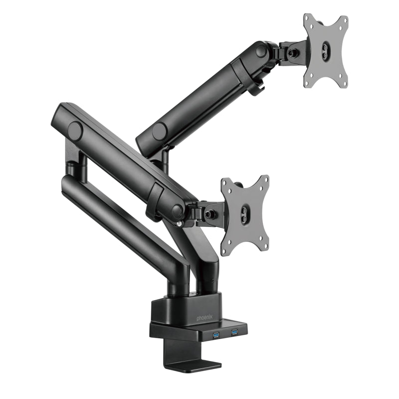 Phoenix Mstand2 Brazo Articulado Resorte De Gas Para Doble Monitor Hasta 27 Vesa 75 X 75 100 X 100 Incluye 2 Usb