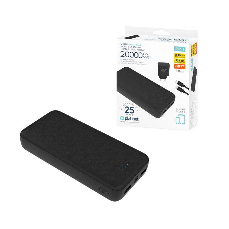 Platinet Power Bank 20000mah + 20w Pd Cargador + Cable 1m Negro