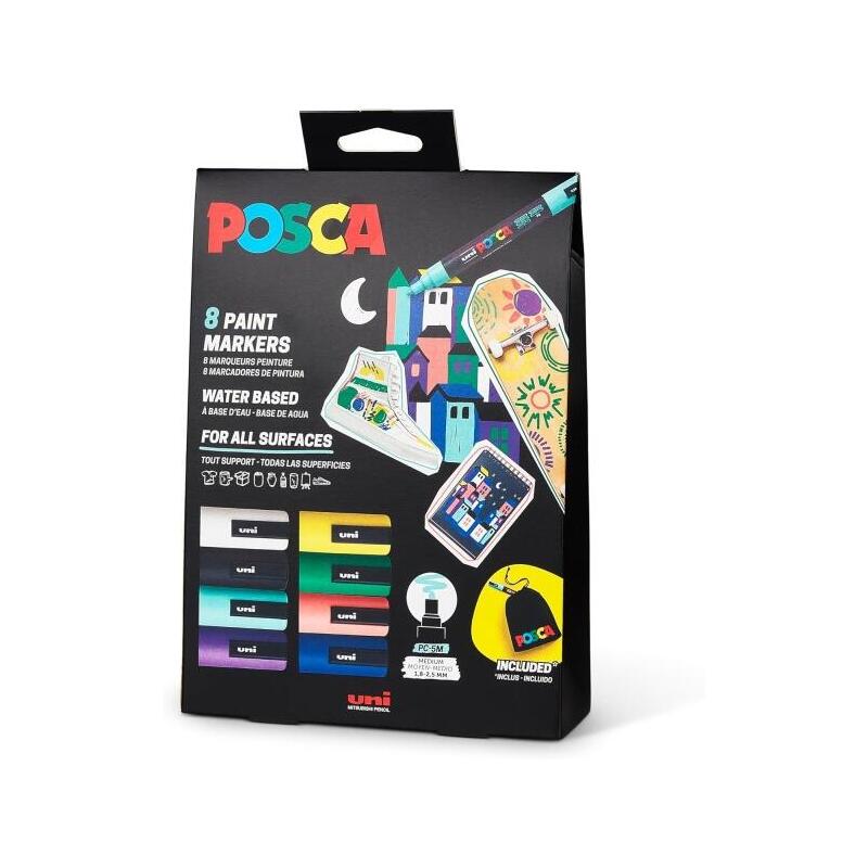 Posca Edicion Limitada Pack De 8 Marcadores De Pintura Pc5m + Regalo Bolsa De Tela - Punta Redondeada 1.8-2.5mm - Tinta