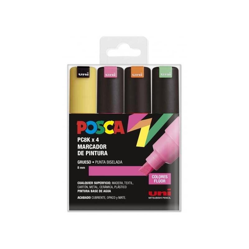 Posca Pc-8k Estuche De 4 Marcadores De Pintura - Punta Biselada Acrilica 8mm - Tinta Base Al Agua - Resistente A La Luz