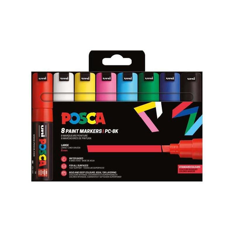 Posca Pc-8k/8c Estuche De 8 Marcadores De Pintura - Punta Biselada Acrilica 8mm - Tinta Base Al Agua - Resistente A La