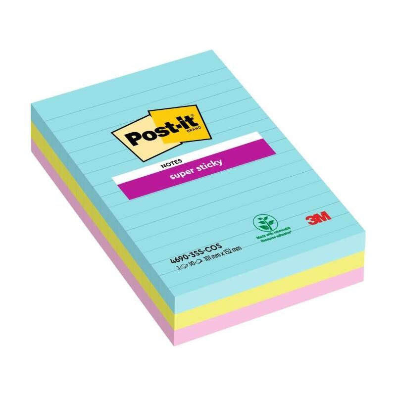 Post-It Super Sticky Pack De 3 Blocs De 90 Notas Adhesivas Reposicionables - Forma Rectangular - 101x152mm - Colores