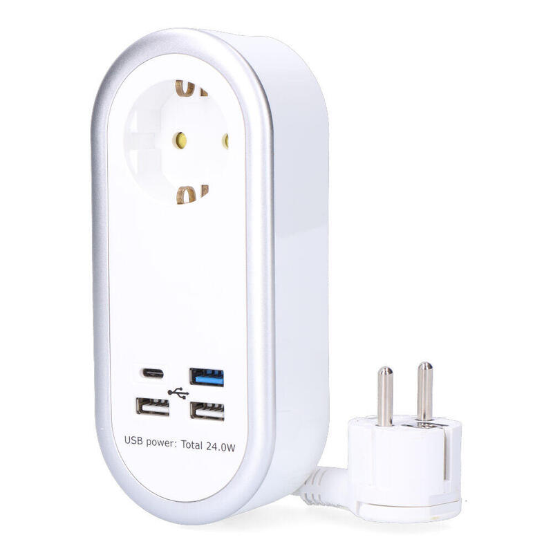 Prolongador Con 1 Toma 2p+T Schuko, 4 Usb (3 X A + 1 X C), 16 A 250 V, Cable H05vv-F, 3g1,5mm² De 1,5 M, Blanco