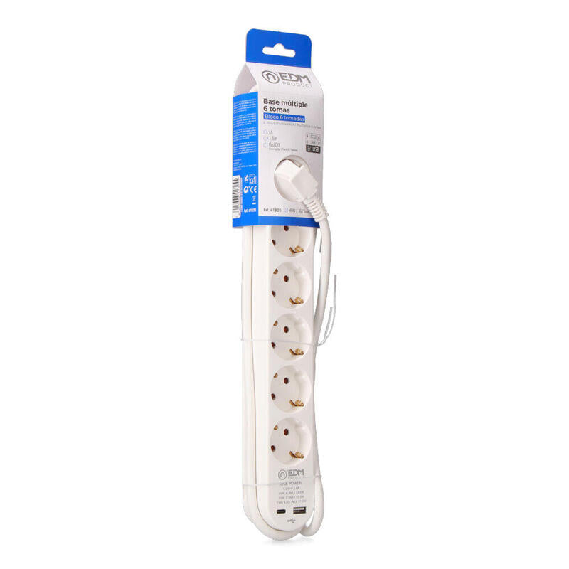 Prolongador Con 6 Tomas 2 P+T Schuko, Con Interruptor, 2 Usb A + C, 16 A 250 V, Cable H05vv-F, 3g1,5mm² De 1,5 M, Blanco