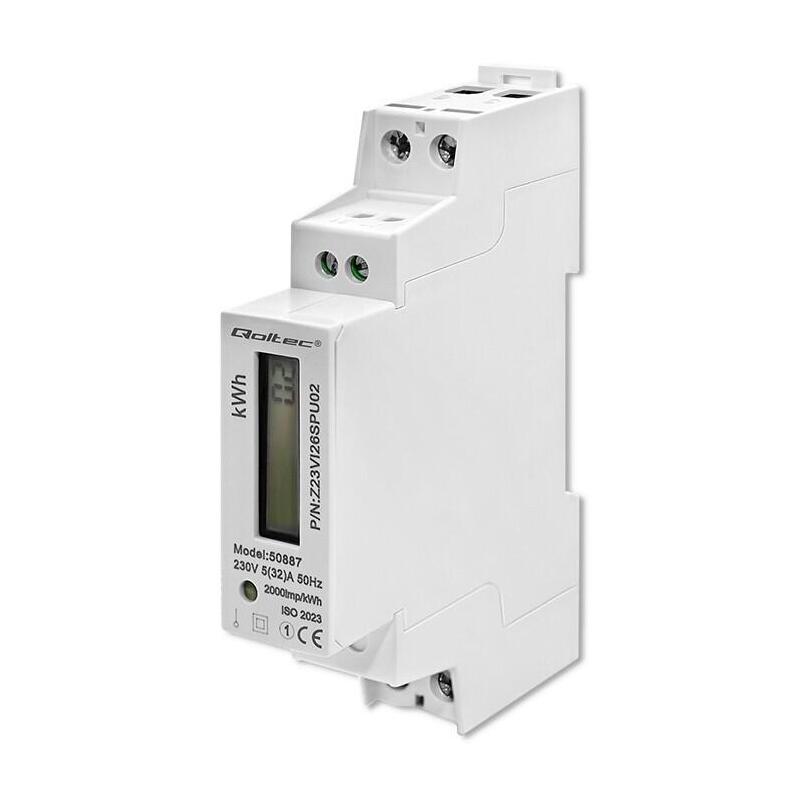Qoltec 50887 Single Phase Electronic Energy Meter Din Rail 230v Lcd 2p Slim