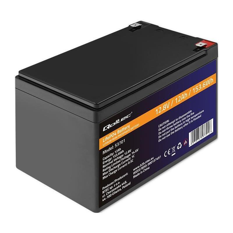 Qoltec 53701 Lifepo4 Lithium Iron Phosphate Battery 12.8v 12ah 153.6wh Bms