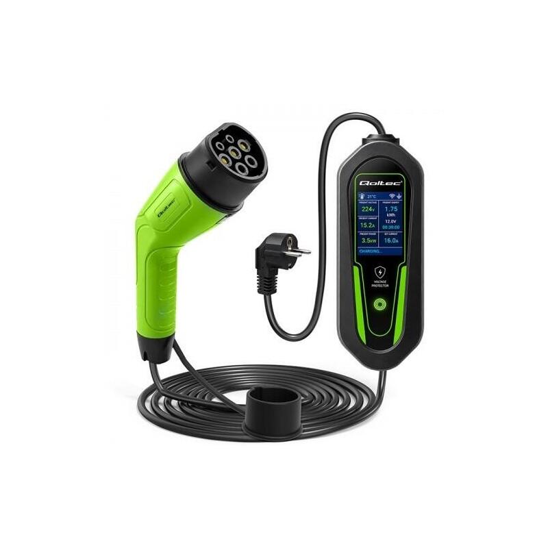 Qoltec Charger For Ev Electric Car And Hybrids 2-In-1 Type 2 Adjustable 3.5kw 230v Schuko 16a Wi-Fi Tuya Smart Life Lcd 5m