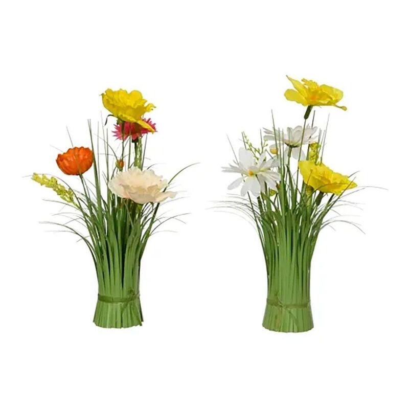 Ramo De Hierba Con Narcisos Y Amapolas, Poliéster, 13 X 13 X 30 Cm, Colores Surtidos