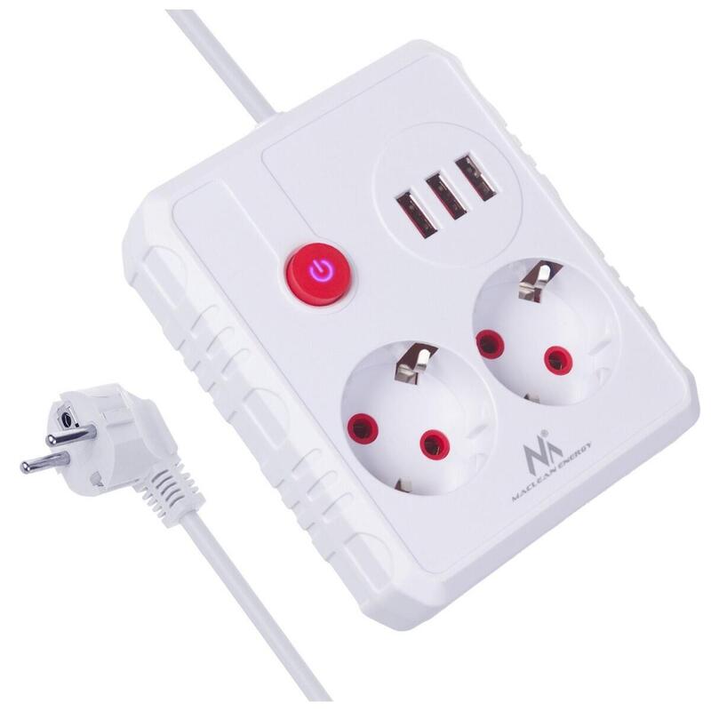 Regleta De Alimentación 2 Tomas Mce387 En 3xusb, 110-240v Ac 50/60hz, 2.1a Max 2500w, 1.5m, Blanca