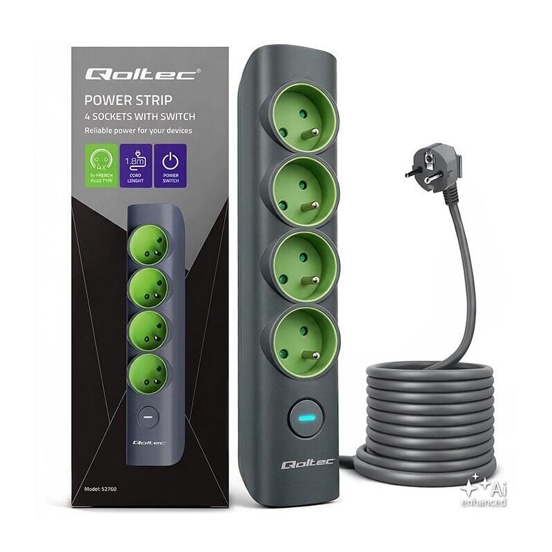 Regleta De Alimentación Con Iluminado Interruptor 4 Tomas Con Uziemieniem 1.8m