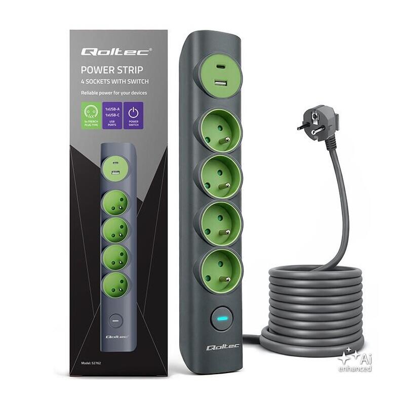 Regleta De Alimentación Con Iluminado Interruptor 4tomas Con Uziemieniem 1xusb-C 15w 1xusb 12w 1.8m