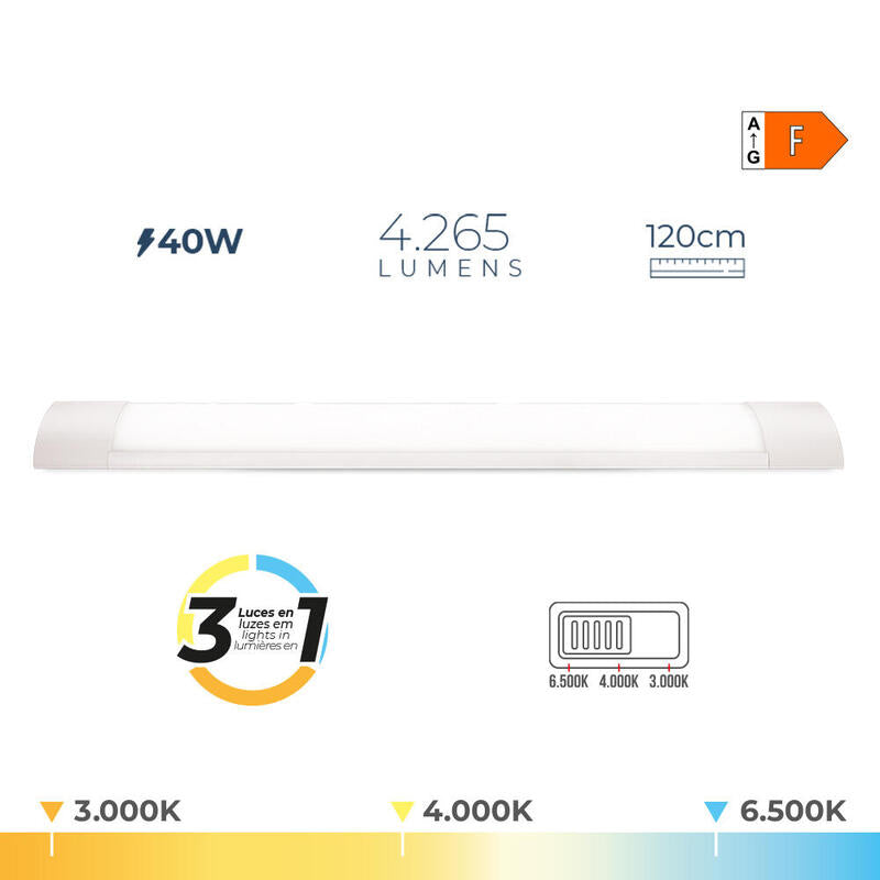 Regleta Led 40 W Temperatura De Luz Variable 6500 K / 4000 K / 3000 K 4265 Lm, 120 X 2,6 X 7,4 Cm