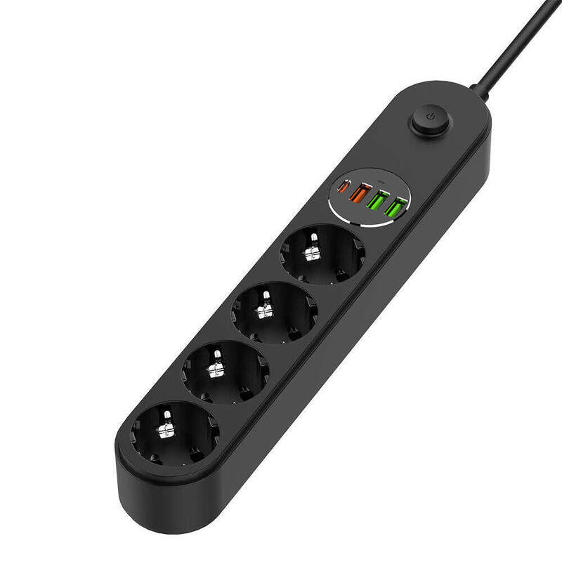 Regleta Toma De Corriente Colorway Cw-Che44pdb: 4 Enchufes Eu 2 Usb-A 1 Usb-A (Qc3.0) 1 Usb-C Negro 2m