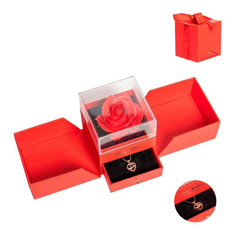 Rosa Roja En Caja Regalo Con Cajón Y Joya, 10,5 × 10 × 11 Cm