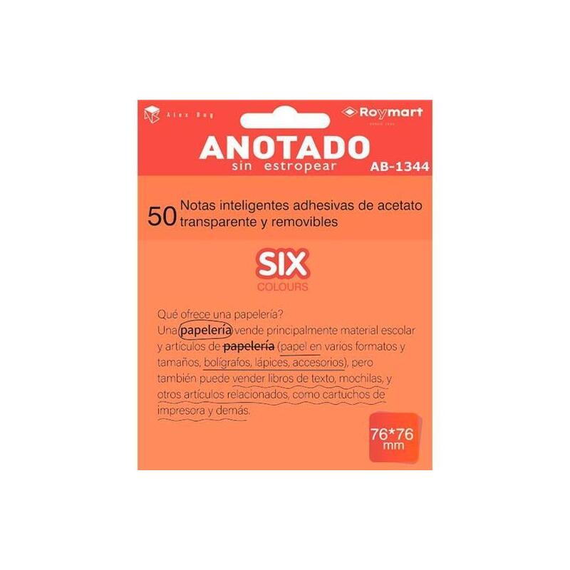 Roymart Bloc Notas Adhesivas Inteligentes Removibles Transparentes 50h 76x76mm Acetato Naranja Flúor
