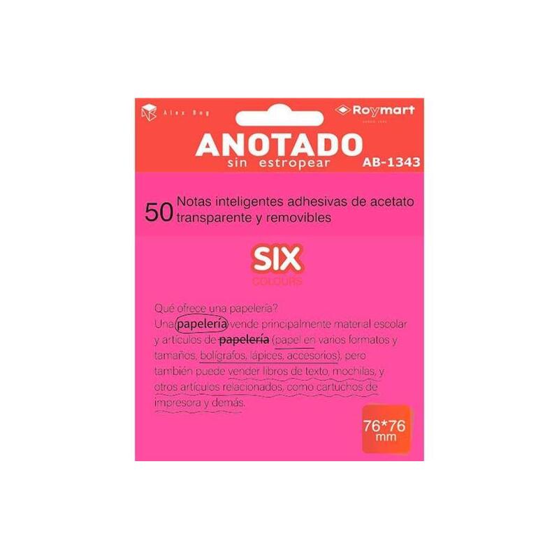 Roymart Bloc Notas Adhesivas Inteligentes Removibles Transparentes 50h 76x76mm Acetato Rosa Flúor