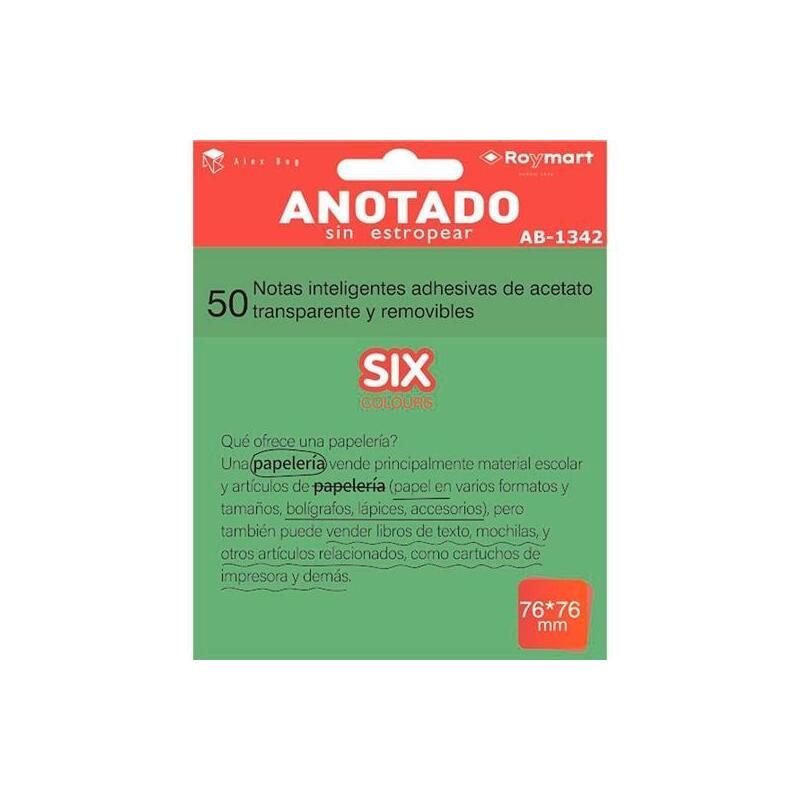 Roymart Bloc Notas Adhesivas Inteligentes Removibles Transparentes 50h 76x76mm Acetato Verde Flúor
