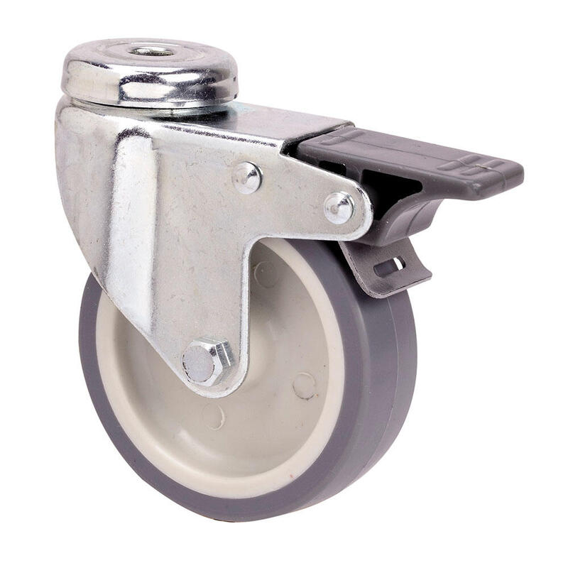 Rueda Giratoria De Goma Con Agujero, Eje Liso Y Freno, Color Gris, Carga Máx. 60 Kg, Ø 8 Cm