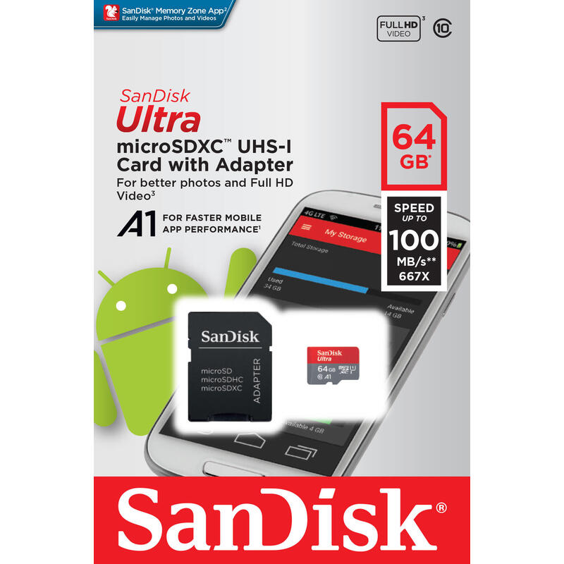 Sandisk Micro Sd 64gb Ultra Android Microsd Xc Uhs-I + Adaptador Sandisk Sd Clase 10 100mb/S
