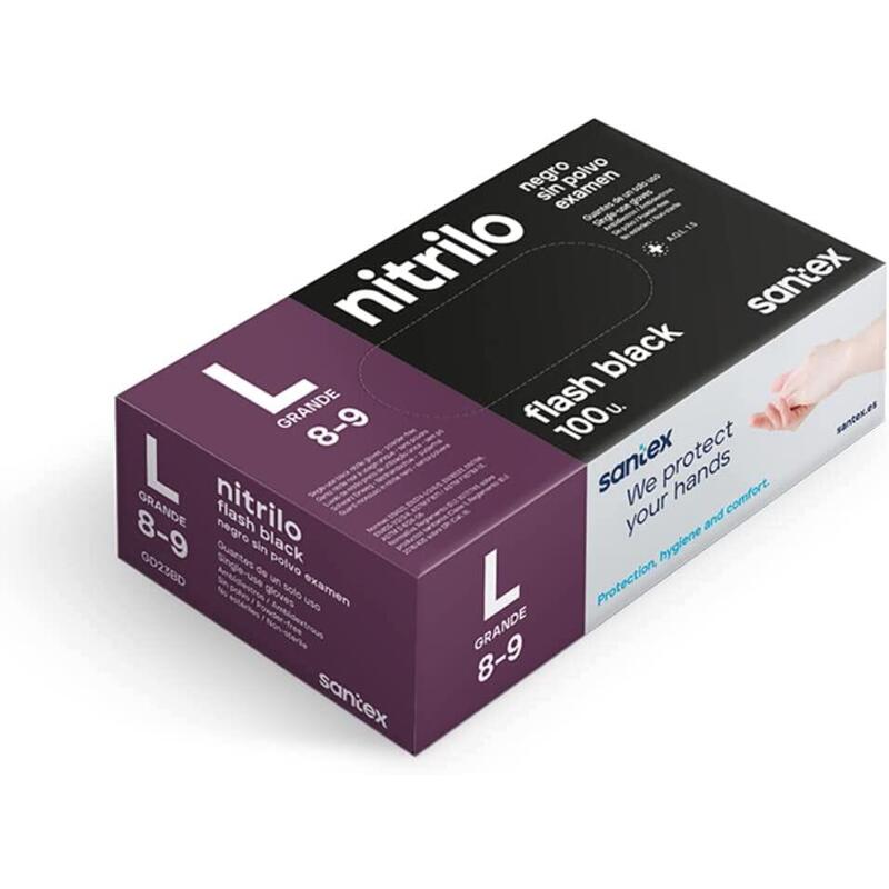 Santex Flash Black Pack De 100 Guantes De Nitrilo Talla L - Sin Polvo - Libre De Latex - Ambidiestros - No Esteriles - Color Negro