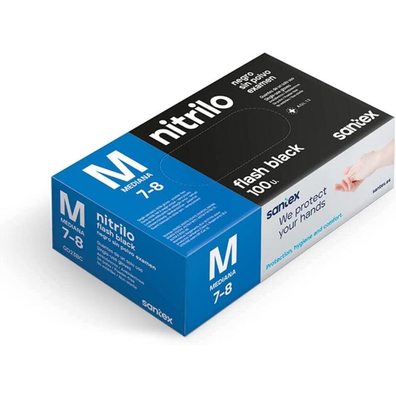 Santex Flash Black Pack De 100 Guantes De Nitrilo Talla M - Sin Polvo - Libre De Latex - Ambidiestros - No Esteriles - Color Negro