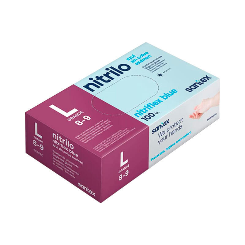 Santex Pack De 100 Guantes De Nitrilo Talla L - Sin Polvo - Libre De Latex - Ambidiestros - No Esteriles - Color Azul