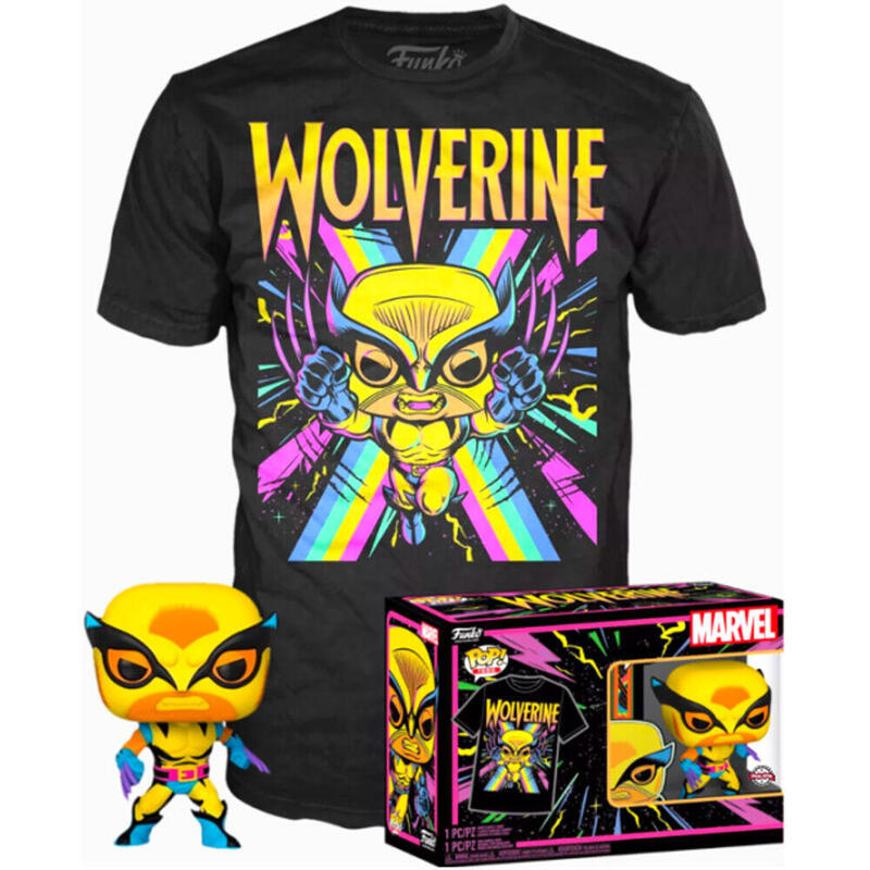 Set Figura Pop & Tee Marvel Wolverine Black Light Talla Xl