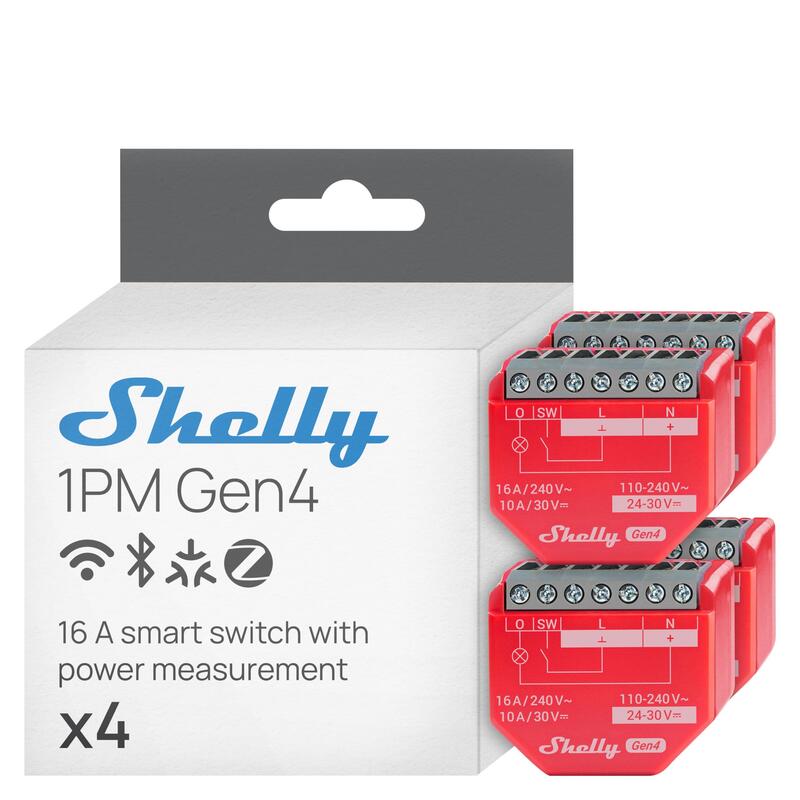 Shelly Relais "1pm Gen4 4er Pack" Max 16a 1 Kanal Messfunktion Wlan Matter Zigbee Azultooth