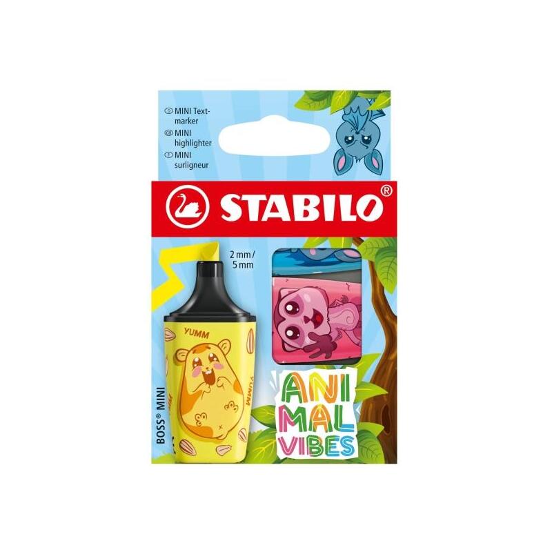 Stabilo Boss Mini Animal Vibes Pack De 3 Mini Marcadores Fluorescentes - Trazo Entre 2 Y 5mm - Tinta Con Base De Agua -