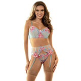 Subblime - 957650 Conjunto Sujetador Y Liguero Con Bordados De Flores Rosas L/Xl