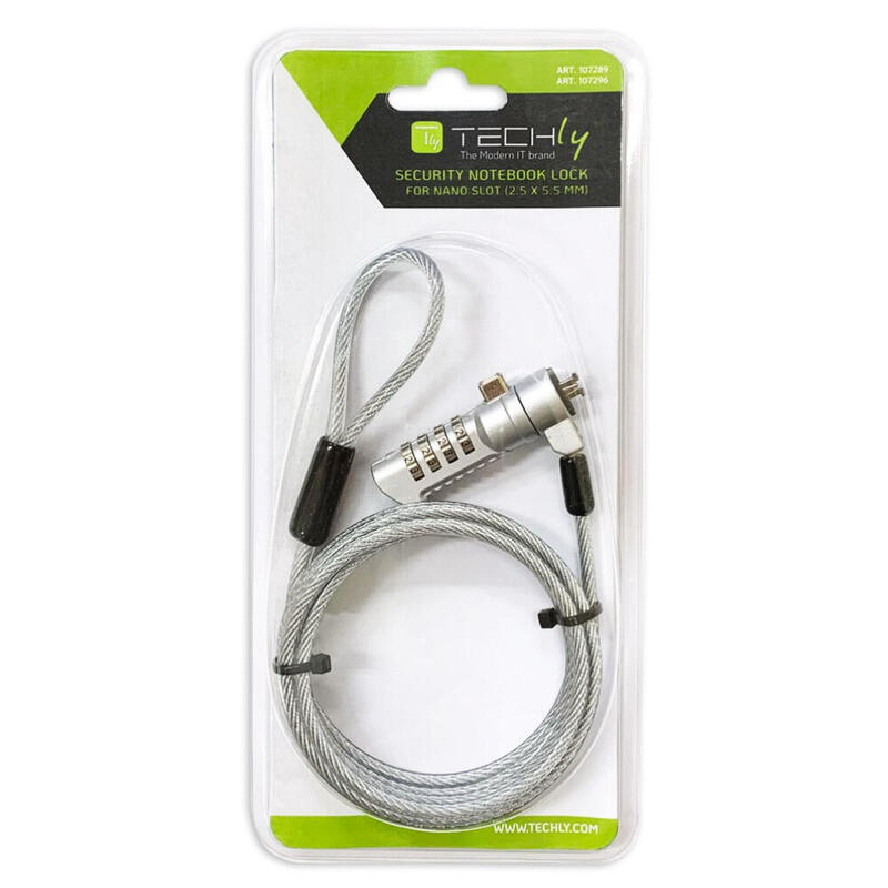 Techly 107296 Combination Portátil Security Cable Lock For Nano Slot 2.5x5.5 180cm