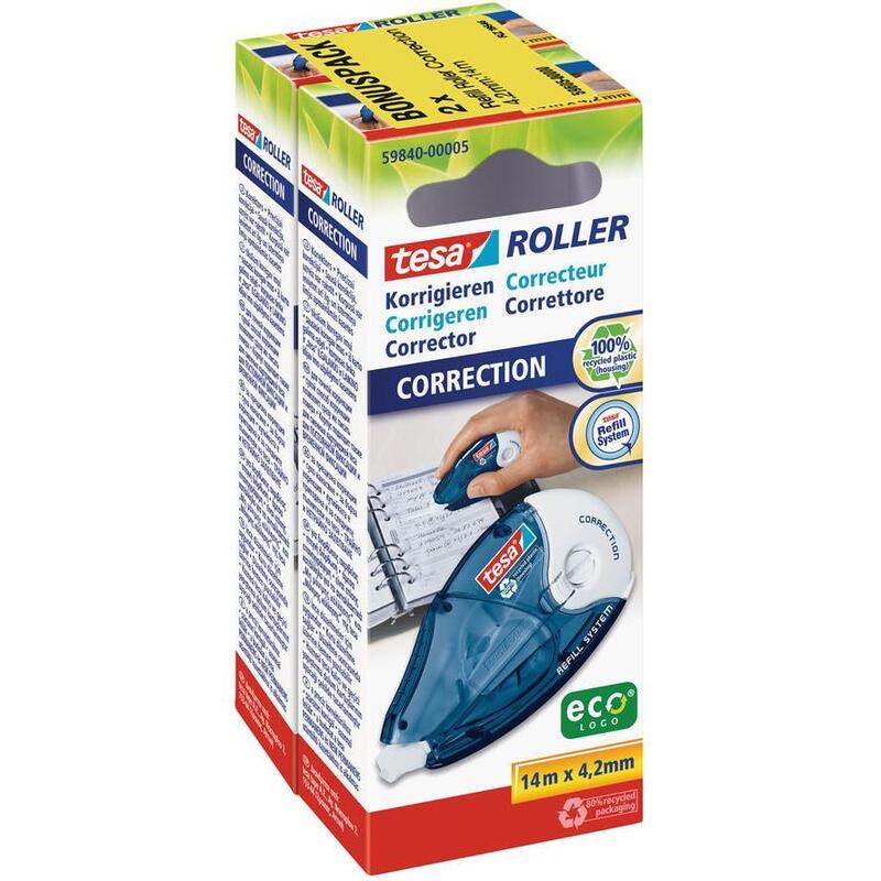 Tesa Corrector Ecologico, Recargable, 14m X 4.2mm, Paquete Doble 59605-00000-06