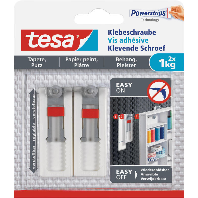 Tornillo Adhesivo Tesa, 2 Uds., Para Papel Pintado Y Yeso, Hasta 1 Kg Por Tornillo, Ajustable, Blanco