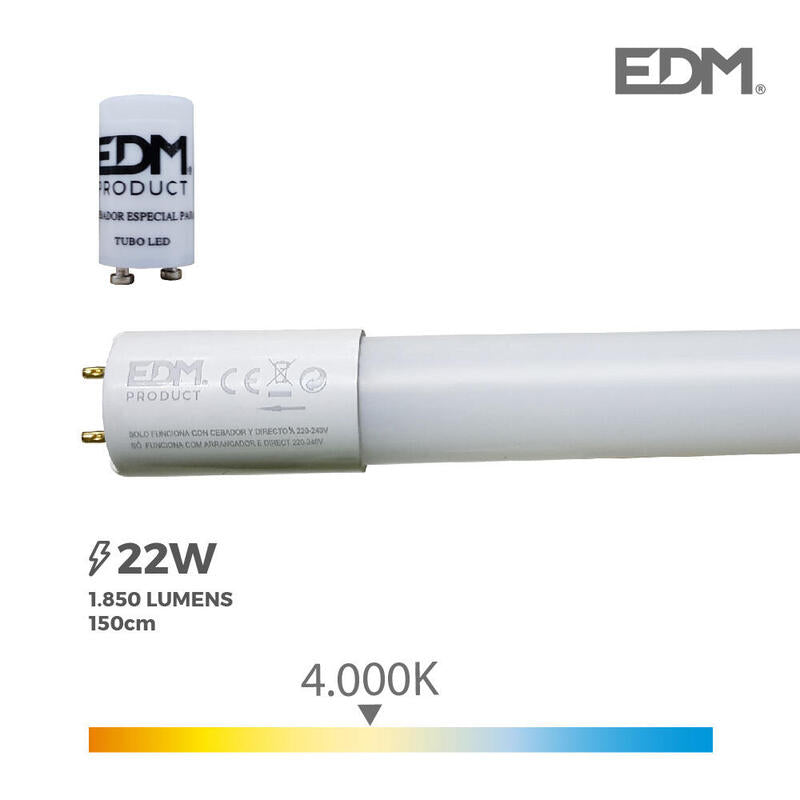 Tubo Led T8 22w 2000lm 4000k Luz Dia (Eq.58w) Ø2,6x150cm Edm