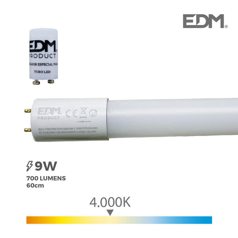 Tubo Led T8 9w 800lm 4000k Luz Dia (Eq.18w) Ø2,6x60cm Edm