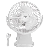 Ventilador De Escritorio Recargable Adler Ad 7342 Con Clip, 15,5 Cm, Rotación De 360°, Usb-C, Blanco
