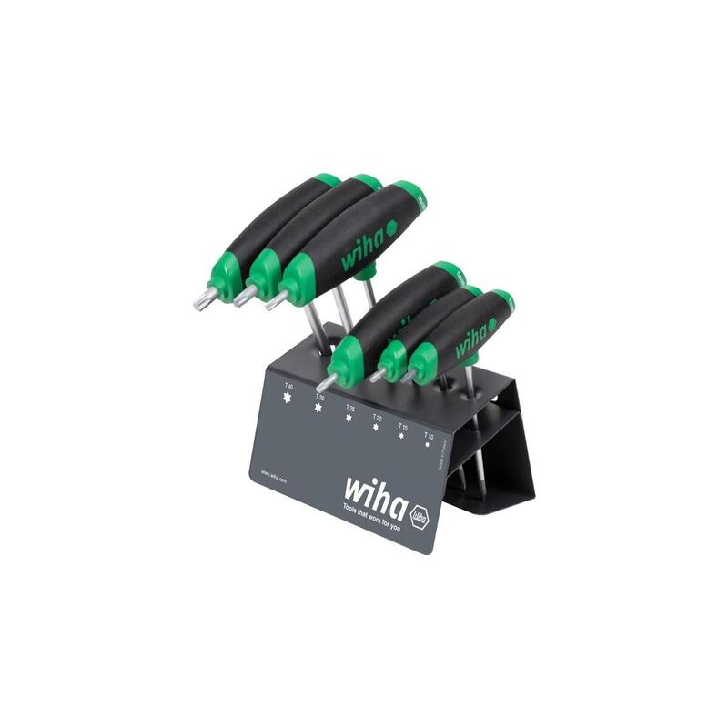 Wiha Juego De Llaves Acodadas Torx, Con Mango En T Comfortgrip, Destornillador Negro/Rojo, 6 Piezas Con Accionamiento Lateral, Con Soporte Para Banco De Trabajo 45623